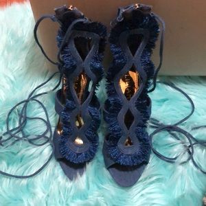 Denim heel tie up sandals